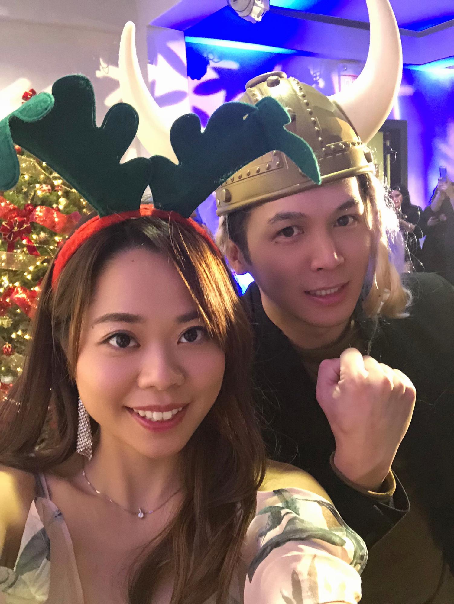 Winter 2018- in front of a photo booth at a company’s Christmas party.