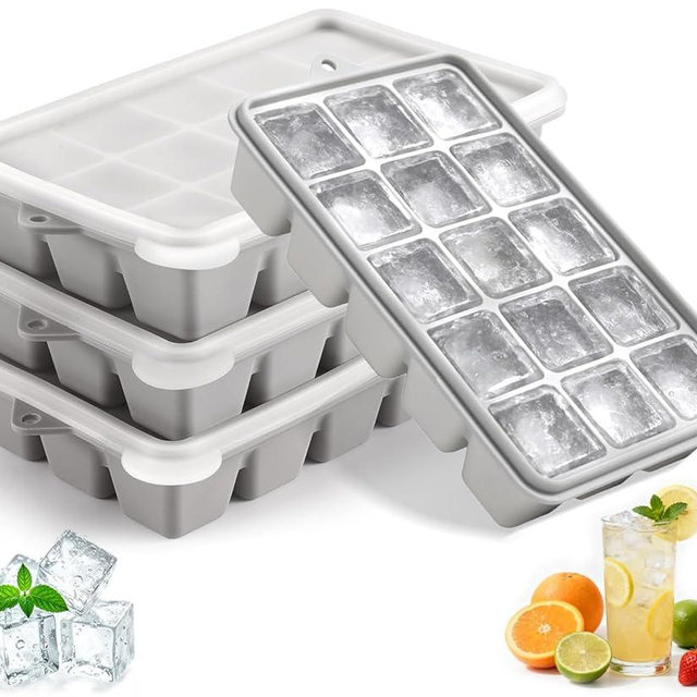 Silicone Ice Cube Trays with Lid, Set of 4, Easy Release Ice Molds, Reusable and Stackable Ice Trays for Freezer for Cocktail, Whiskey, Baby Food, BPA Free (gray)