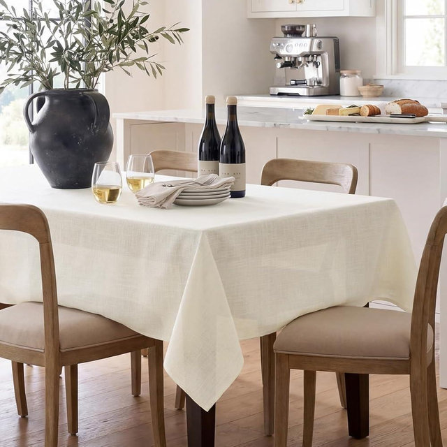NOVILYS Linen Rectangle Tablecloth, 60x102 Inch Cream Waterproof Farmhouse Rustic Style Neutral Burlap Fabric Rectangular Table Cloths, White Decoration for Kitchen/Dining/Parties/Picnic/Outdoor
