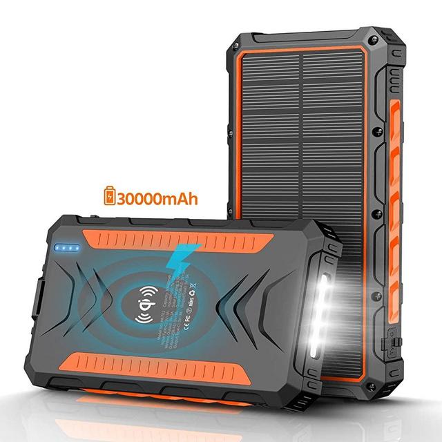 Solar Power Bank 30000mAh, Solar Charger,Portable Charger, Outputs 5V/3A High-Speed & 2 Inputs Huge Capacity Phone Charger for Smartphones, IP66 Rating, Strong Light LED Flashlights(Orange)