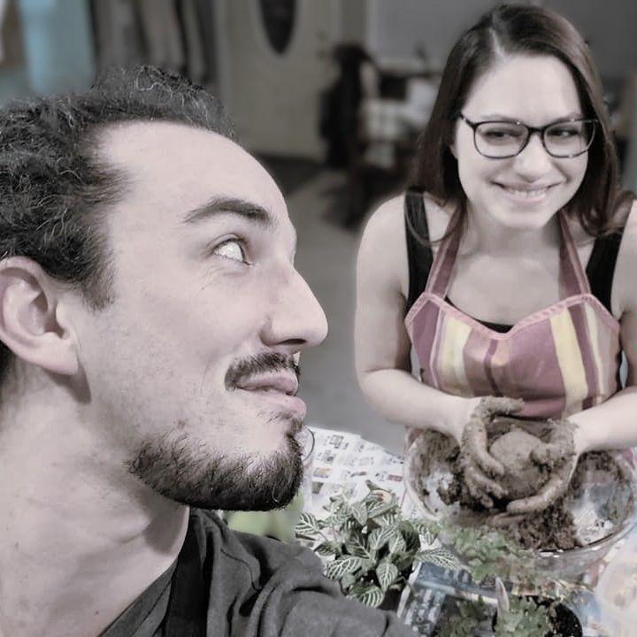 2020: An at home date on Valentine's Day. We are making kokodama together. Our love lasted; the kokodama did not.