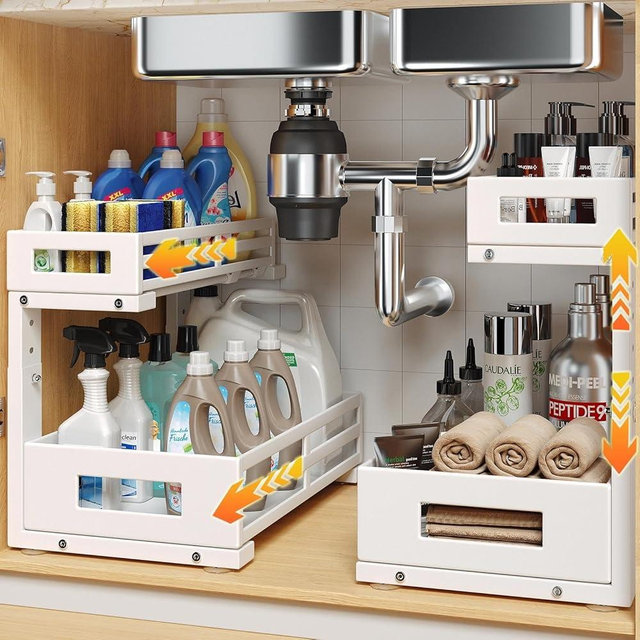 L-Shaped Metal Under Sink Organizer, 2-Tier Double Pull-Out Cabinet Organizer for Kitchen & Bathroom Storage, Height Adjustable, Smooth Cylinder Rail, White, 2 Packs