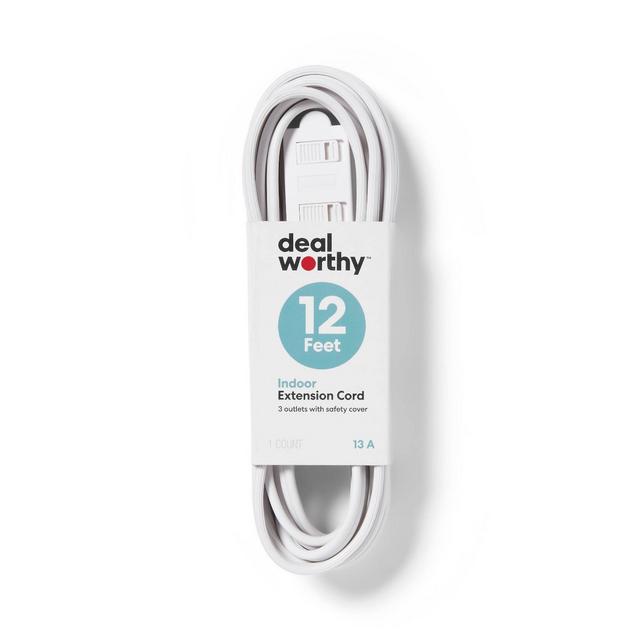 12' 3 Outlet Indoor Extension Cord White - Dealworthy™
