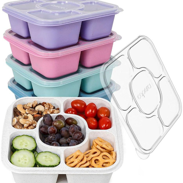 Caperci 5-Pack Lunchable Container Set for Kids & Adults - Reusable Bento Snack Box Containers with 5-Compartment for Food Storage & Meal Prep, Wheat Straw, BPA-Free (Dark & Clear Lids)