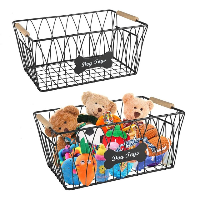 Lolytama Metal Dog Toy Basket, Dog Toy Bin Basket Large, Puppy Toy Bin Organizer with Wooden Handle Large Dog Toy Basket for Puppy and Pet, for Dog Leash, Blanket, Toys, Snacks, Accessories