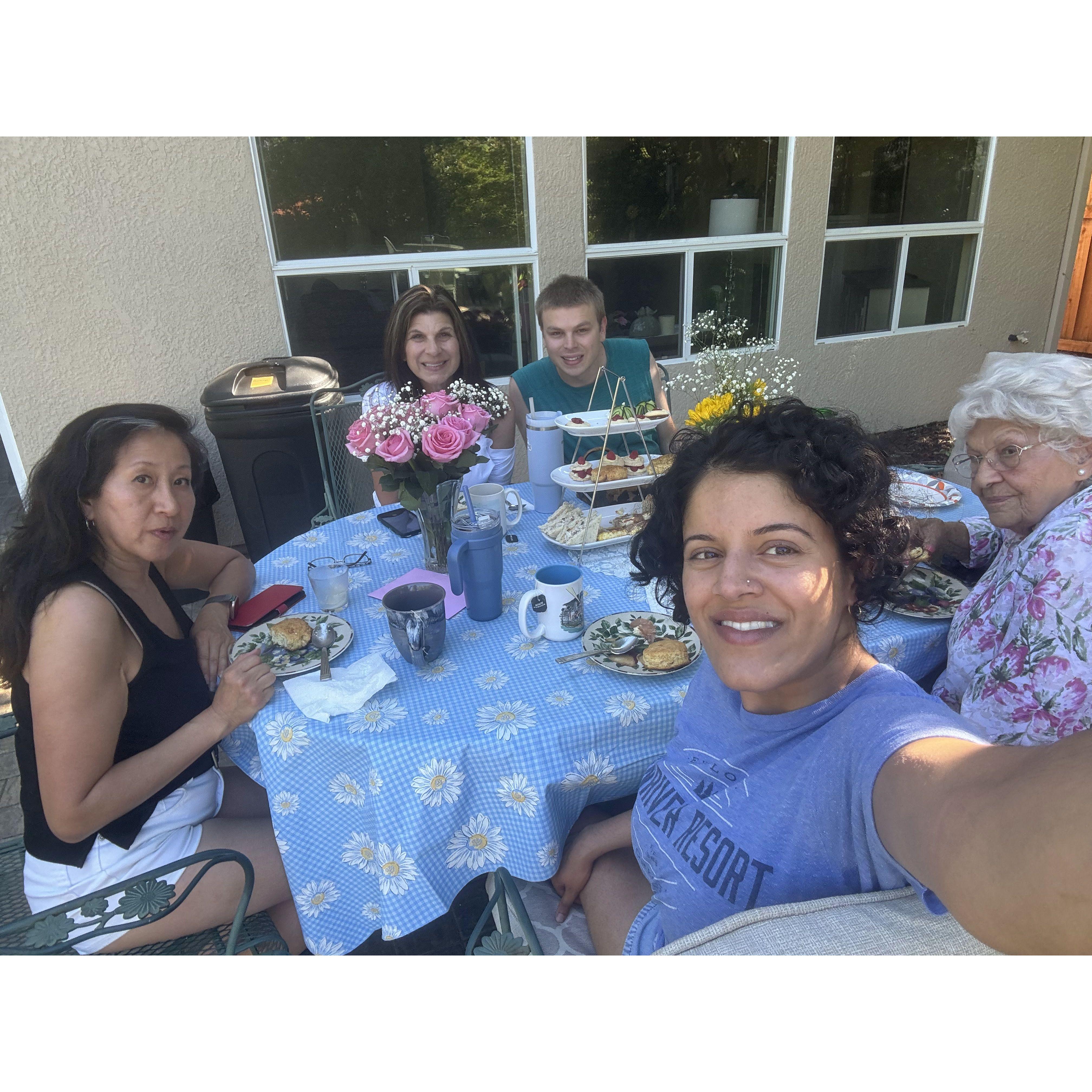 Mother's day tea with Chris's mom Amy (back) and her friend Linda (left), and maternal grandma Liz (right).