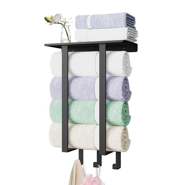 BETHOM Metal Square Tube Rack with Shelf & 3 Hooks for Bathroom,Wall Mounted Towel Storage Holders Wall for Rolled Bath Towel, Washcloths, Hand Towels, Black