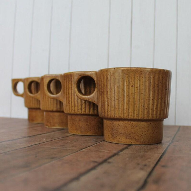 Vintage Western Stoneware Mug Coffee Cup Set of 4 Golden Tan Brown with Ribbed Design
