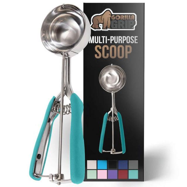 Gorilla Grip Premium Stainless Steel, Spring-Loaded Scoop for Fruit, Cookie and Ice Cream, Easy Squeeze and Clean Release, Comfortable Handle, 8 TBSP Scooper Size 8, Uniform Portions, Turquoise