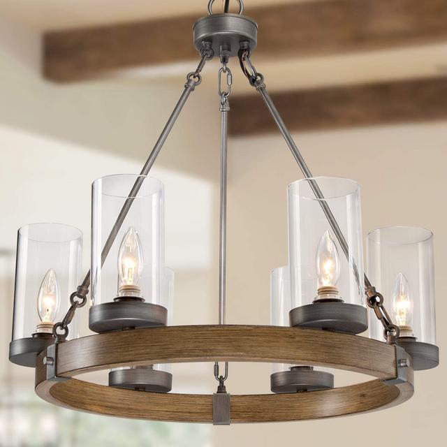 LALUZ Farmhouse Chandelier for Dining Rooms, Wagon Wheel Chandelier for Kitchen Island with Clear Glass, 6-Light, 22” Dia