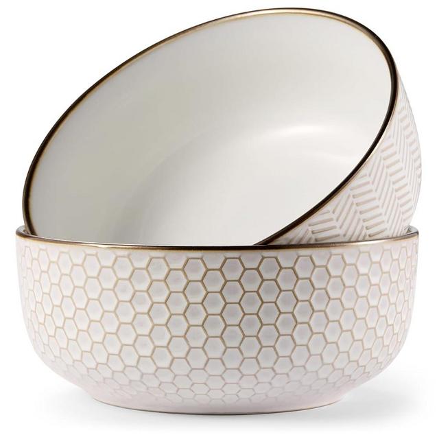 KooK Ceramic Salad Bowls, Embossed Large Kitchen Bowls, For Serving Pasta, Soup, Fruits, Microwave and Dishwasher Safe, Cream with Dark Copper Accents, Set of 2, 60 oz, Narbonne Collection