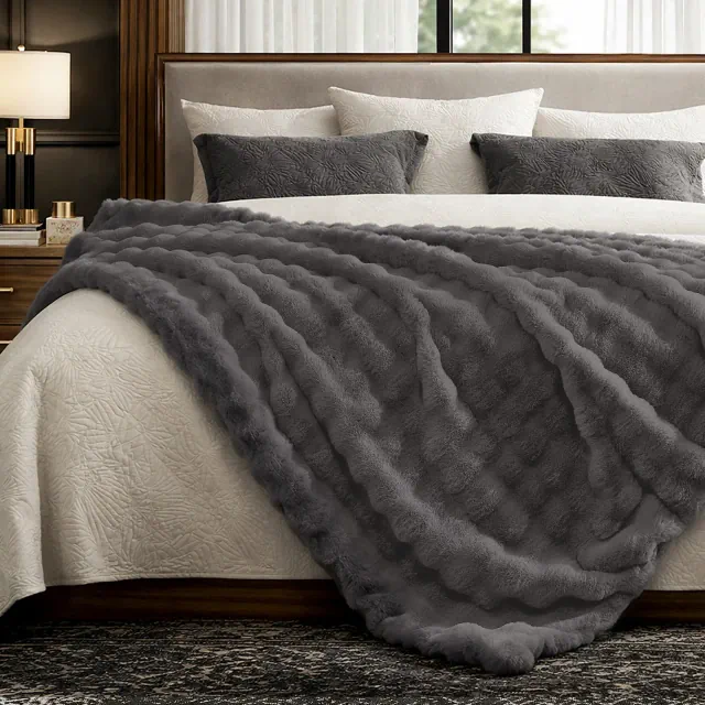 Ultra-Soft Bubble Faux Fur Throw Blanket Luxury Dual-Sided Rabbit Fur Blanket for Couch, Bed, Gift