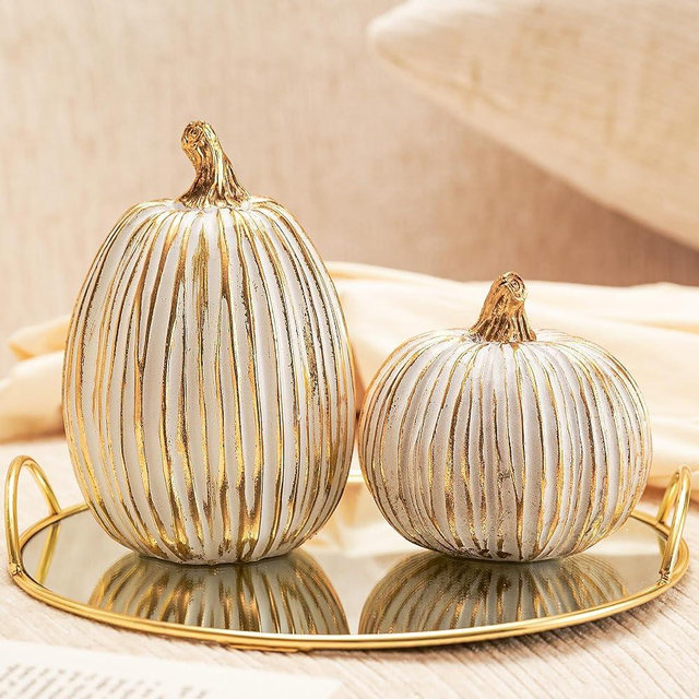 DN DECONATION White and Gold Fall Pumpkin Decorations Thanksgiving Table Centerpieces, 2 Pcs Artificial Luxury Resin Pumpkins Figurines for Decorating, Autumn Harvest Fall Home Decor Shelf Mantel
