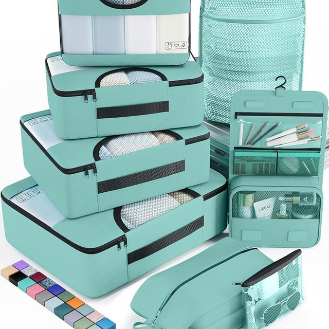 Veken 8 Set Packing Cubes for Travel Essentials, Suitcase Organizer Bags in 4 Sizes, Carry-On Luggage Accessories with Large Laundry & Hanging Toiletry Bag, Must-Have for Airplane, Road Trip & Camping