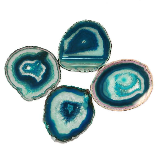 Natural Sliced Dyed Agate Coaster with Rubber Bumper Set of 4 (Q.1 Teal, 3.5-4")