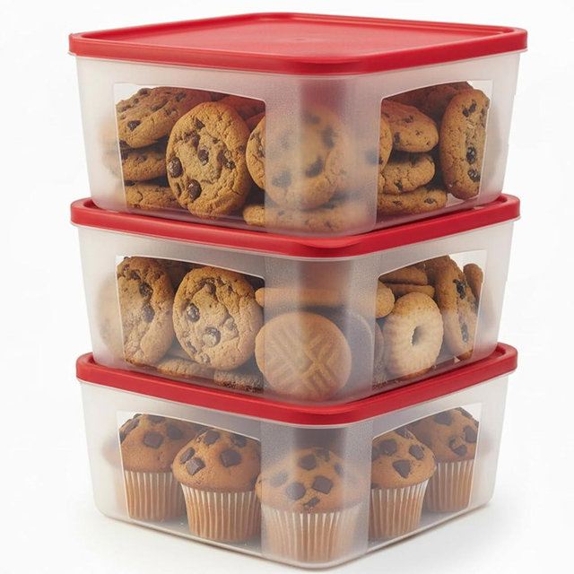 ADECTA Cookie Storage Containers Airtight - 3-Pack 3.7L Square Plastic Containers With Lids for Baked Goods, Cupcake Storage & Meal Prep - BPA Free, Airtight Flat Reusable Muffin Storage Container