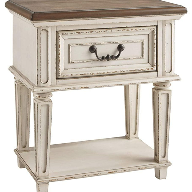 Signature Design by Ashley Realyn Traditional Cottage 1 Drawer Nightstand with Dovetail Construction & Open Display Shelf, Chipped White, Distressed Brown
