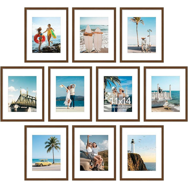 decorUhome 11x14 Picture Frame Set of 10, Display Photos 8x10 with Mat or 11x14 Unmatted for Picture Frames Collage Wall Decor, Brown