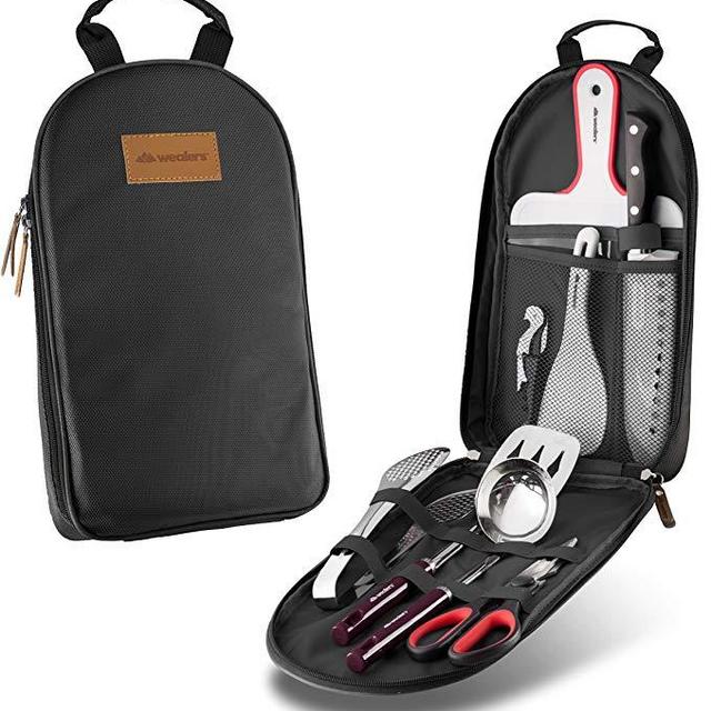 Wealers Camp Kitchen Utensil Organizer Travel Set Portable BBQ Camping Cookware Utensils Travel Kit Water Resistant Case|Cutting Board|Rice Paddle|Tongs|Scissors|Knife and Bottle Opener