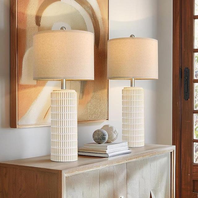 PoKat 27.5'' Tall Table Lamps for Living Room Set of 2, Ceramic Bedroom Lamps for Night Stands, Modern Bedside Lamps for Bedroom Living Room, Nightstand Lamps for End Table, Hallway, Gold and White