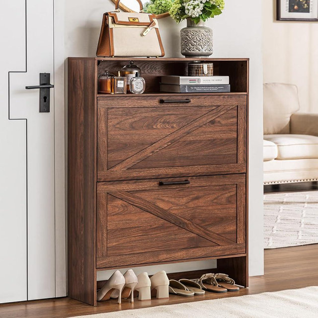 RWYHG Shoe Storage Cabinet with 2 Flip Drawers,Farmhouse Narrow Shoe Organizer with Legs,Freestanding Hidden Slim Shoe Rack Cabinet with Open Storage for Entryway,Hallway, Foyer, Rustic Brown