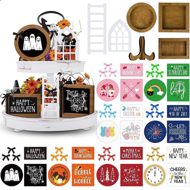 Farmhouse Tiered Tray Decor Set - Interchangeable Seasonal Holiday Rustic Wooden Frames with Cards, Mini Arch, Ladder for Home Kitchen Table Halloween Decorations Centerpiece