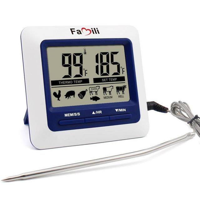 Famili MT004 Digital Kitchen Food Meat Cooking Electronic Thermometer Probe for BBQ, Oven, Grill, and Smoker with Timer Alarm and Large LCD Display