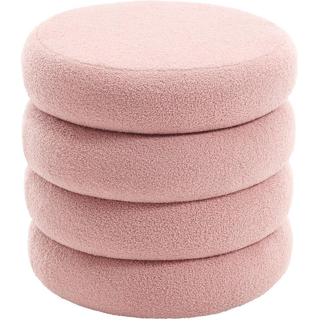 Flouki Storage Ottoman Round, Ottoman with Storage, Sherpa Ottoman Storage, 18 Inches H, 20 Inches D, Set of 1, Pink