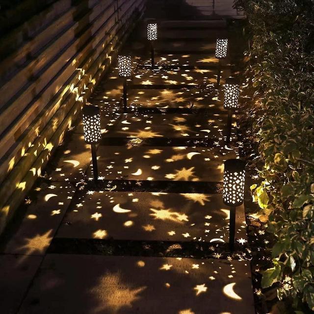 6 Pack Solar Light Outdoor Garden Patio Pathway Landscape Lights Yard Driveway Lawn Walkway Decoration Star Moon Solar Lantern Waterproof Outside Path Hanging Sidewalk Courtyard Black