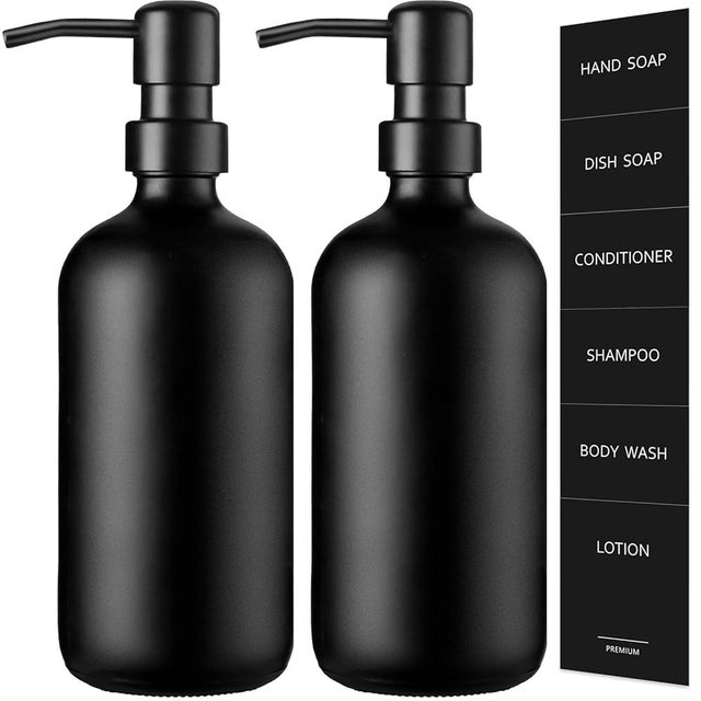 GMISUN Black Soap Dispenser, 2 Pack Matte Black Hand Soap Dispenser Bathroom with Stainless Steel Pump, 16 Oz Glass Hand and Dish Soap Dispenser Set for Kitchen, Modern Liquid Soap Bottle with Labels