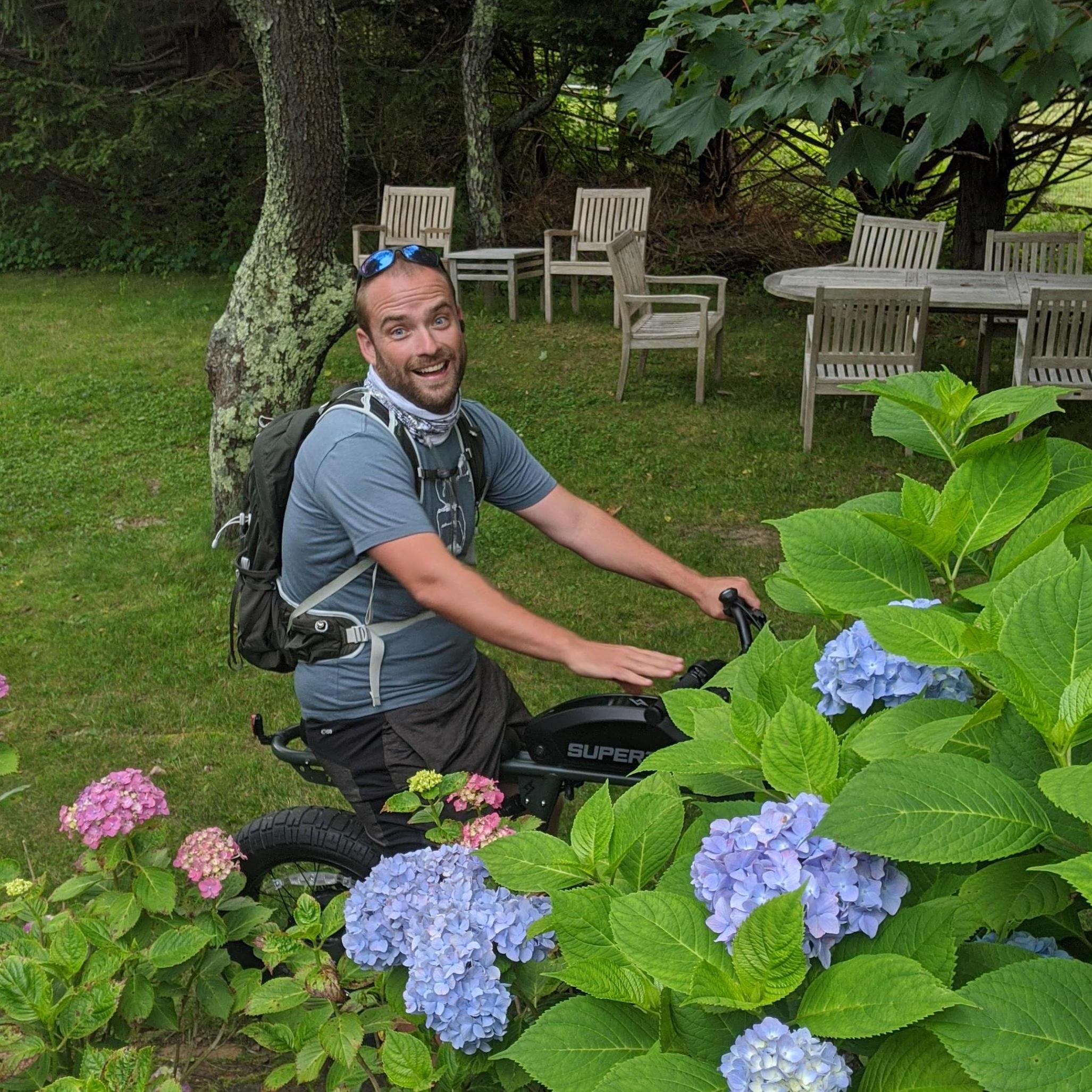 Elias, his fav ride, and some hydrangeas