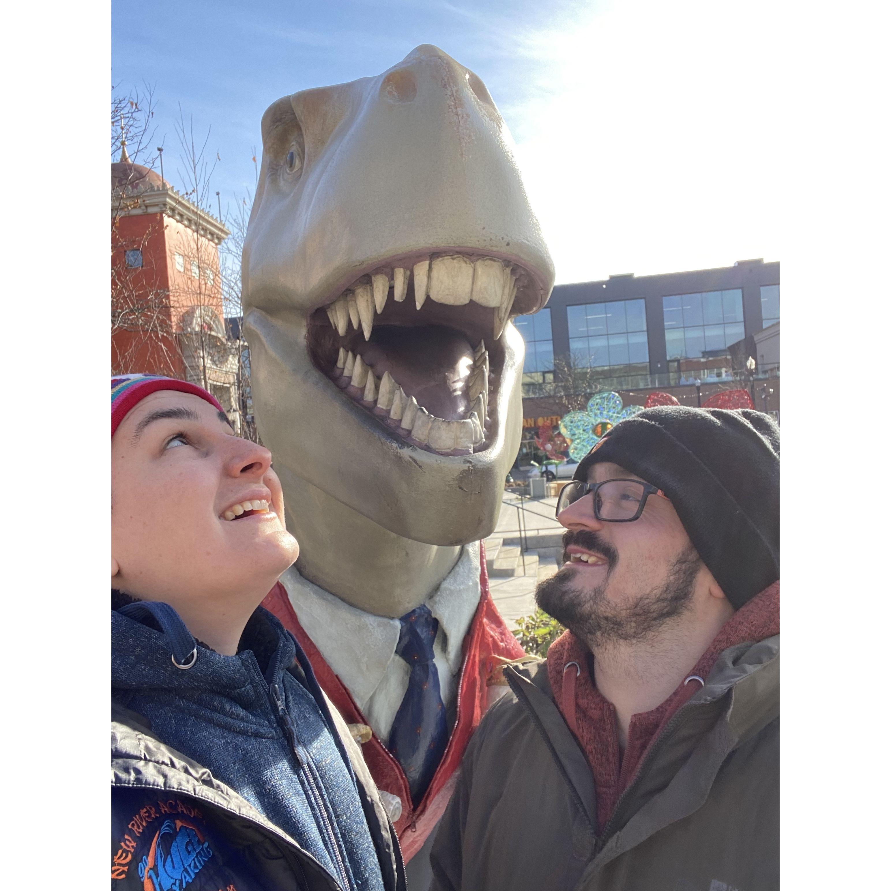 With the Mr. Rogers-saurus (A US children's show character--Mr. Rogers, not the dino version) in Pittsburgh, Pennsylvania, USA.