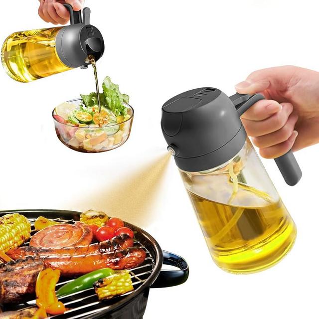 YARRAMATE Oil Sprayer for Cooking, 2 in 1 Olive Oil Dispenser Bottle for Kitchen, 16oz/470ml Premium Glass Oil Bottle, Food-grade Oil Mister for Air Fryer, Salad, Frying, BBQ (Grey)