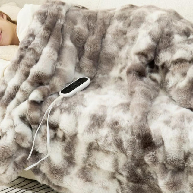 Amelie Home Bubble Faux Fur Heated Throw Blanket, 8 Smart Temperature Control, ETL Certification - tie-dye gray