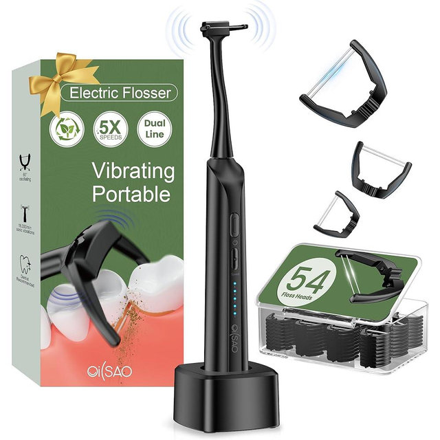 Electric Flosser (Dual Line & Gentle), Power Flosser Starter Kit with 54 Refill Heads & 5 Modes,Dental Glide Floss Picks for Sensitive Gums, Tight Teeth, Back Molars & Daily Oral Care/Travel/Shower-B