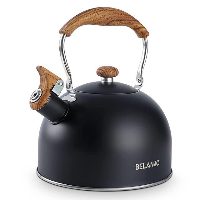Tea Kettle, BELANKO 85 OZ / 2.5 Liter Whistling Tea Kettle, Tea Pots for Stove Top Food Grade Stainless Steel with Wood Pattern Folding Handle, Loud Whistle Kettle for Tea, Coffee, Milk - Black