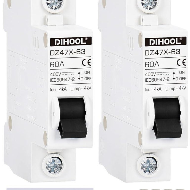 DIHOOL AC/DC Miniature Circuit Breakers, 2 Pack, Single Pole 60 Amp, 12V 24V 48V 400V, Non Polarized, Solar Disconnect Switch, DIN Rail Mount, RV Battery Isolator, PV Array MCB, Thermal Magnetic Trip