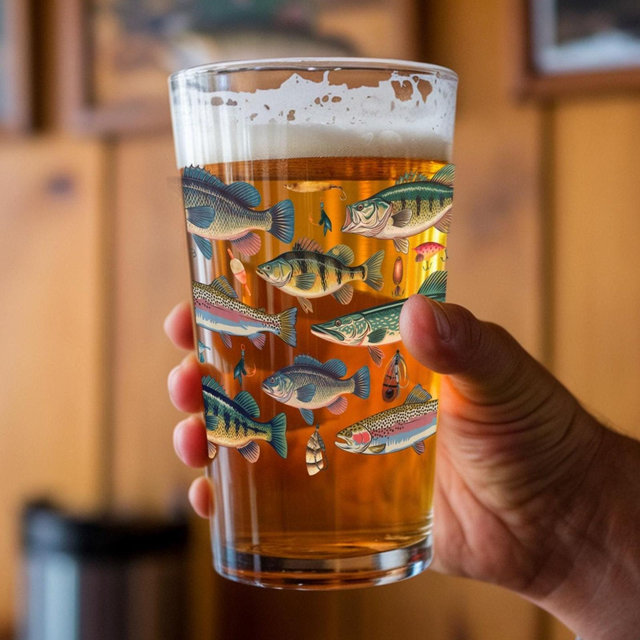 Colorful Beer Glass Fishing Pint Glass Fresh Water Fish Beer Glass Gift for Him Fly Fishing Gift for Fishermen Great Lake House Cabin Gift