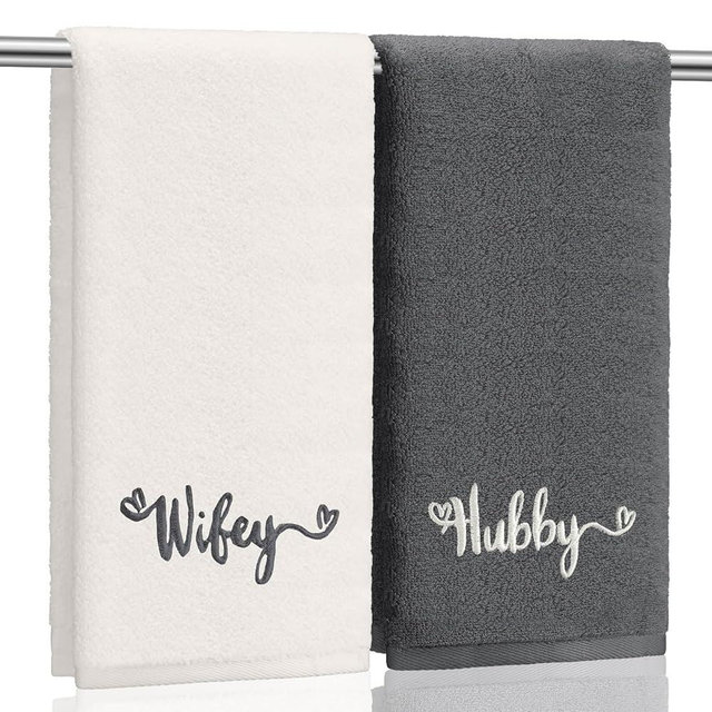 Tingjoo 2 Pcs Wifey Hubby Hand Towels 100% Cotton Embroidered Bathroom Towel Gift for Valentine's Day Wife Husband Wedding Engagement Anniversary Bathroom Decor 29 x 13 Inch
