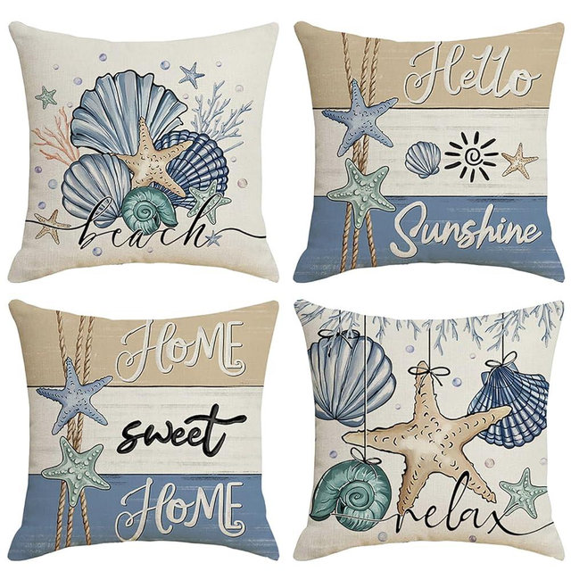 Ni-JASW Hello Summer Throw Pillow Covers 18 in x 18 in, Farmhouse Coastal Starfish Seashell Cushion Case for Sofa Couch Set of 4