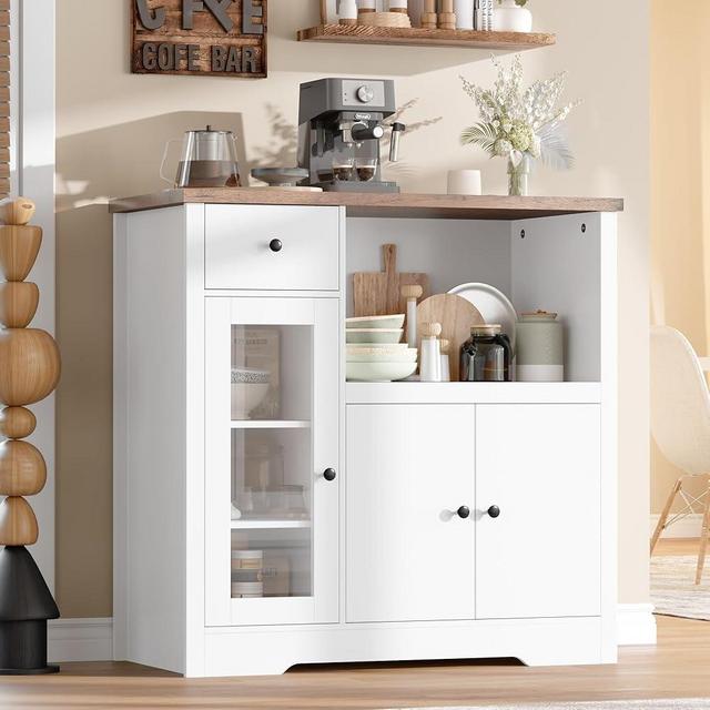 Kitchen Microwave Cabinets with Storage, Buffet Cabinet Sideboard with 3 Doors,1 Drawer and Adjustable Shelves, Pantry Storage Cabinet for Kitchen, Dining Room, Living Room, Hallway in White+Walnut ﻿
