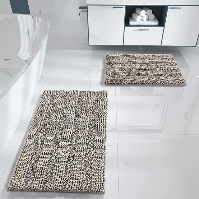 Yimobra Luxury Chenille Shaggy Bathroom Rug Set, 2 Pack Soft Fluffy Plush Bath Mat, Extra Thick, Non-Slip, Water Absorbent, Machine Washable, Bath Mats for Bathroom (Camel, 20" x 32"+17" x 24")