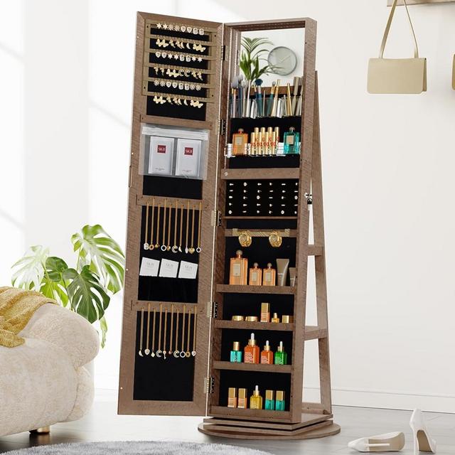 SICOTAS Mirror Jewelry Cabinet Standing, Full Length Mirror with Jewelry Storage, Rotating Jewelry Armoire Organizer Holder,3 LED Lights Jewelry box for Valentine's Day, Wood Color