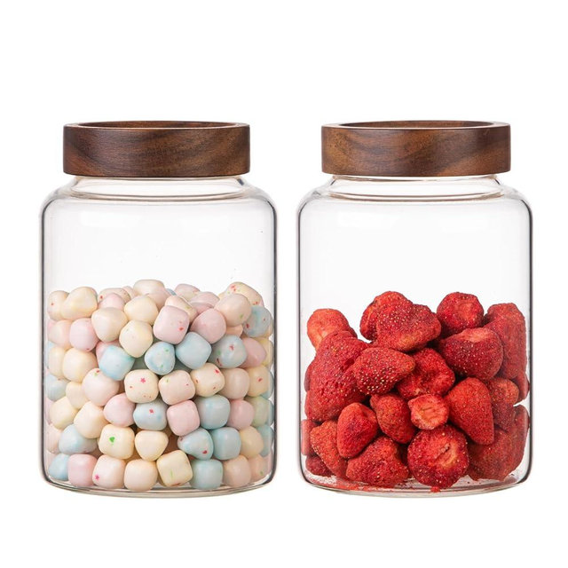 Large Glass Coffee Jars 60 oz /1800ml, Round Storage Canister with Wooden Lid Clear Glass Food Jar for Pantry Sugar Tea Coffee Bean Spice Nuts Cookies Bath Salts (1800ml/60oz-2PACK)