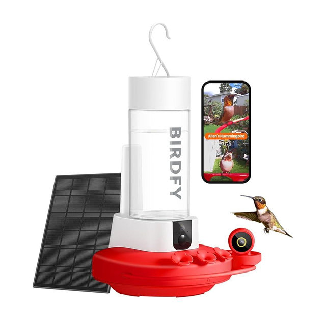 Birdfy Hummingbird Feeder with Dual Cameras - 2K HD Smart Cameras Solar Powered, Close-Up Bird Video/Live Watching & Instant Notifications, Ant Moat & Leakproof - 20oz (AI Lifetime)