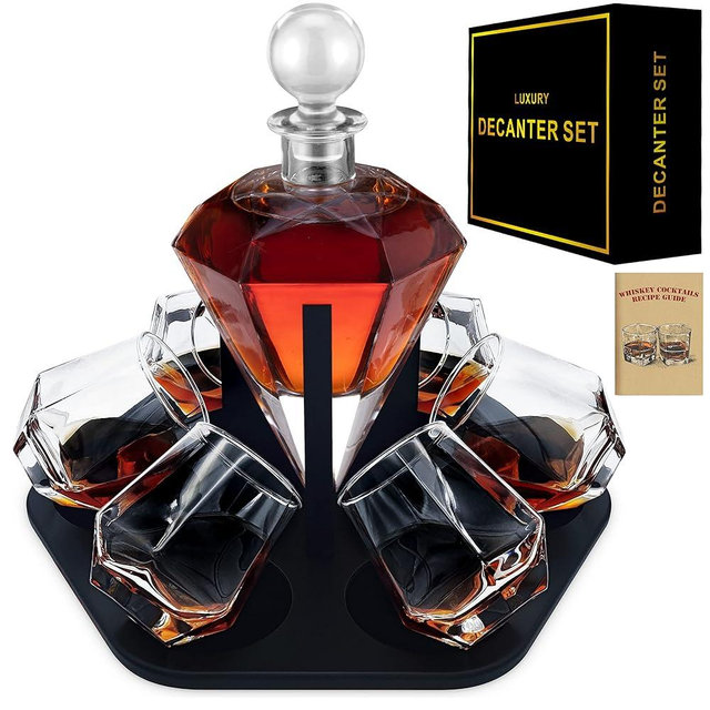6-Glass Diamond Whiskey Decanter Set with Glasses,Whiskey Decanter Sets for Men,Decanters for Alcohol Whisky Decanter & Glass Set,Whiskey Set Bourbon Decanter Gift,Tequila Decanter Liquor Decanter Set