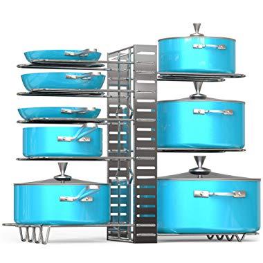 Vdomus Pot Rack Organizer with 3 DIY Methods, Silver Plating Metal Kitchen 8+ Pots Holder, Height and Position are Adjustable Cabinet Pantry Pot Lid Holder (Silver)