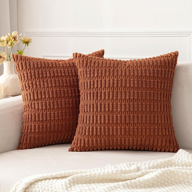 MIULEE Pack of 2 Corduroy Decorative Throw Pillow Covers 18x18 Inch Soft Boho Striped Fall Pillow Covers Modern Farmhouse Home Decor for Sofa Living Room Couch Bed Dark Rust