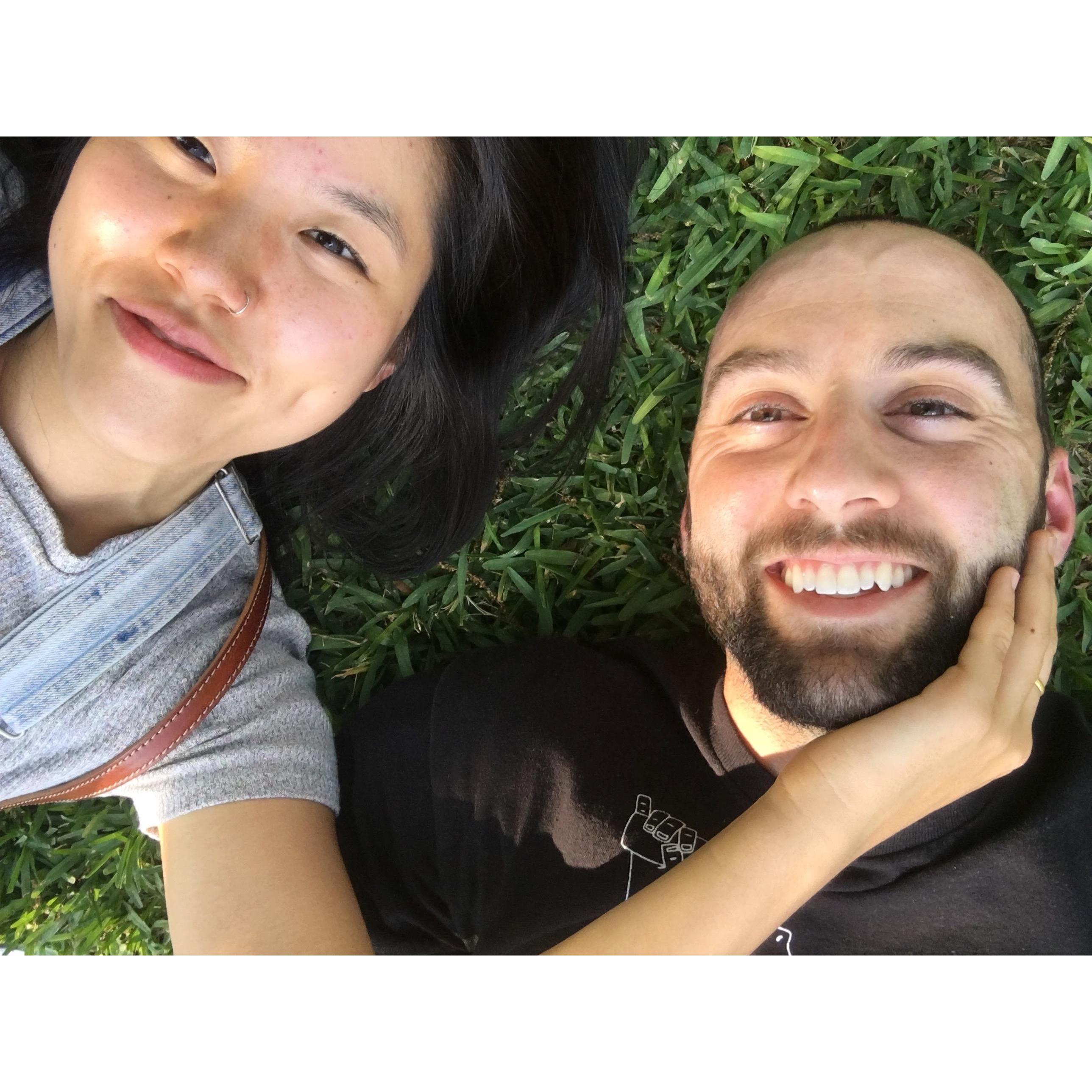 Our first trip together! We went to Austin, TX for our bdays since they're only 3 days apart. Here we lie on the lawn of the Texas Capitol Building because we're tired from eating too much bbq.