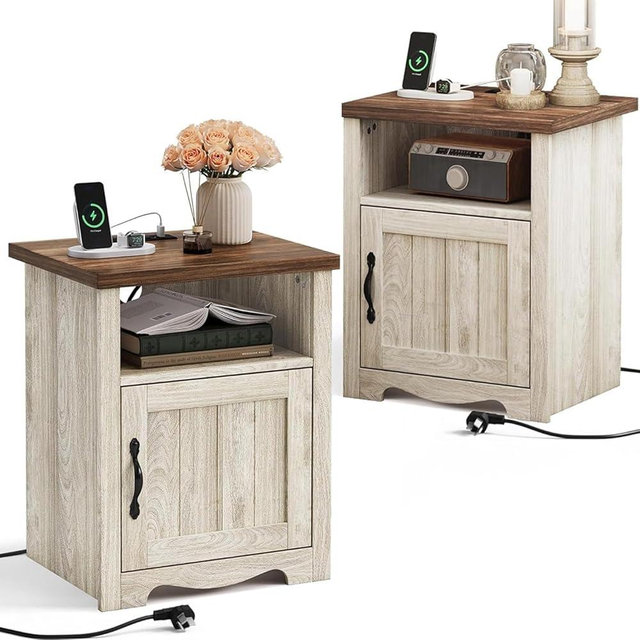 LINSY Farmhouse Night Stand Set of 2, 18.9” Wood End Table with Charging Station, Side Table for Bedroom, Living Room, Couch with USB Ports and Outlets, Nightstand with Storage, Beige